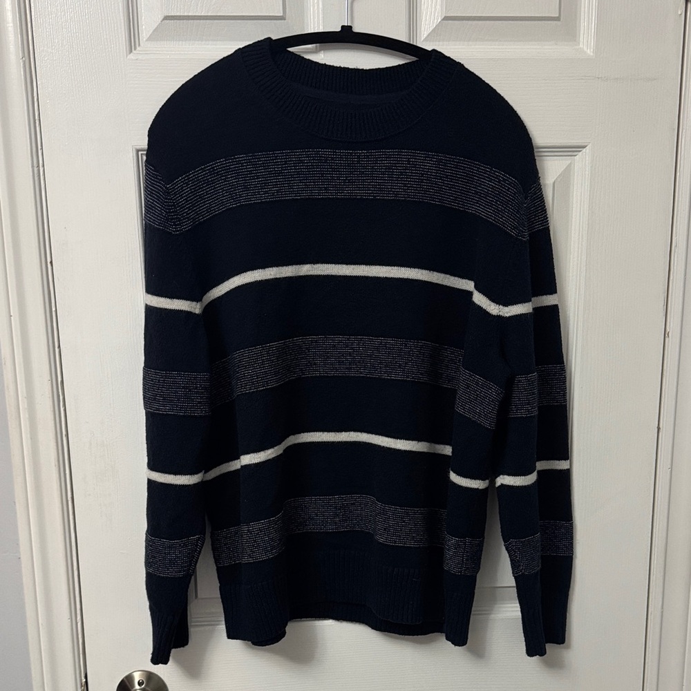 77. lululemon athletica Men's Navy and White Striped Crewneck Sweater